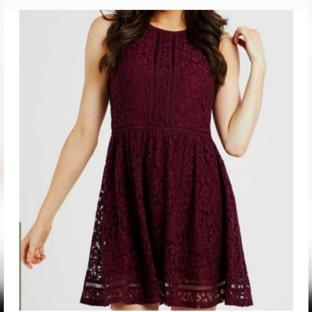 Altar'd State Dress Women's Medium Maroon Lace Floral Sleeveless Mini Length